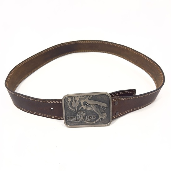 Great Lakes Aircraft Company Brown Leather Belt Mens 36 Bergamot Brass Work 1976 - Picture 2 of 11